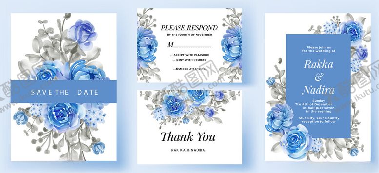 编号：12052104010642102984【酷图网】源文件下载-蓝色花卉婚礼请柬设计