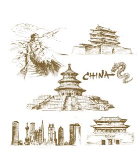 卡通手绘中国著名建筑插画PNG