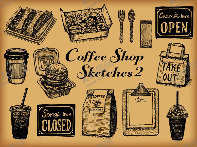 编号：55907711021532563598【酷图网】源文件下载-咖啡店手绘图标素材