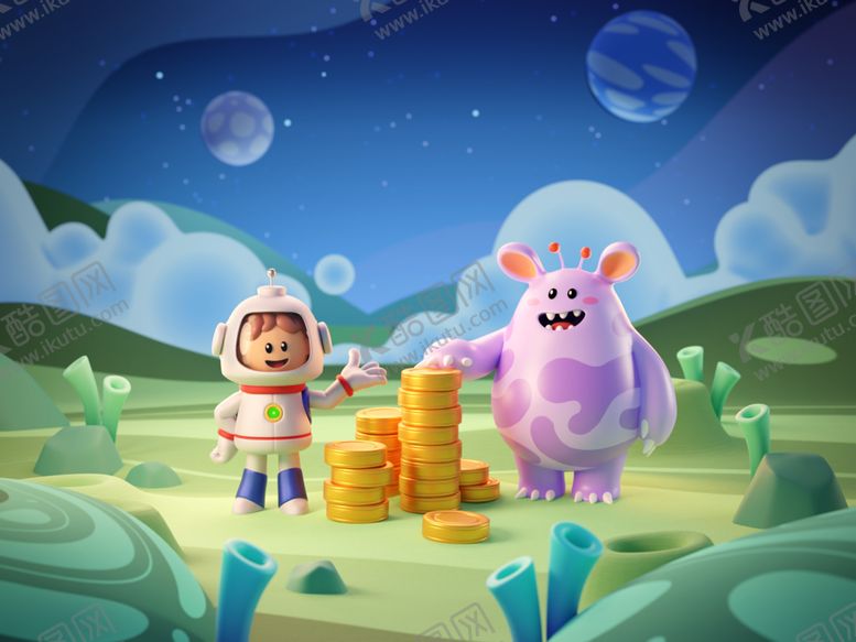 编号：89744311012239019255【酷图网】源文件下载-外星探险宇航员与萌怪