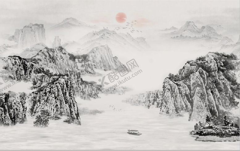 编号：24768510080047354702【酷图网】源文件下载-中式水墨山水瀑布国画电视背景墙