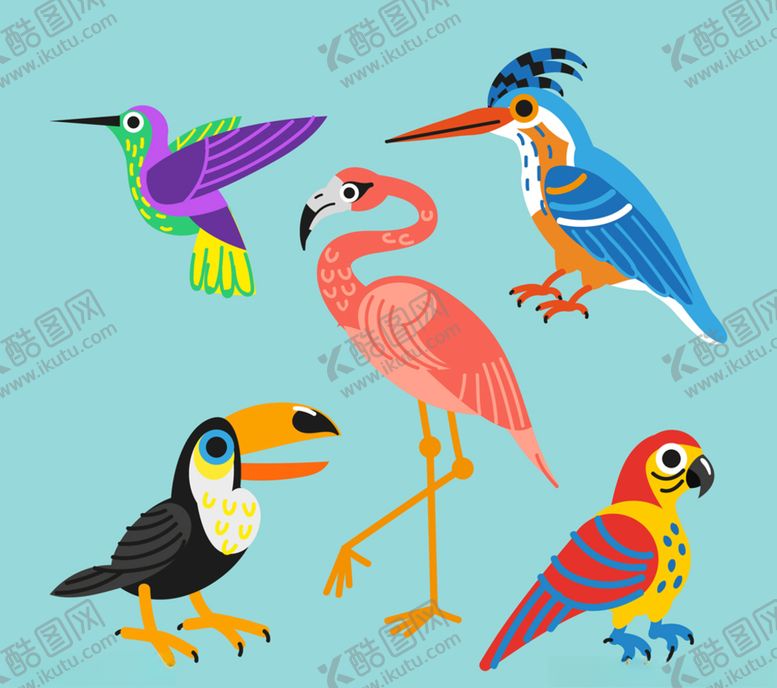 编号：28574209172101076115【酷图网】源文件下载-5款美丽鸟类设计矢量素材