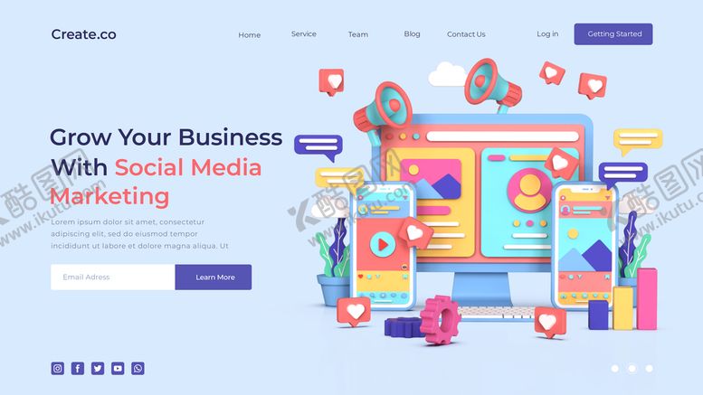 编号：90376809181934067316【酷图网】源文件下载-社交媒体营销登录页模板