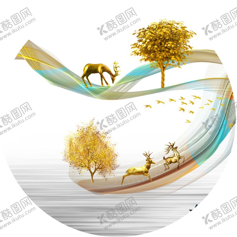 编号：59590701170453493652【酷图网】源文件下载-发财树麋鹿圆形挂画装饰画