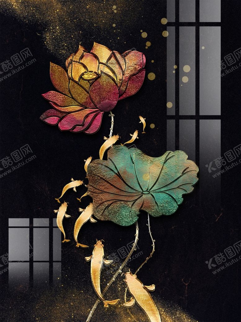 编号：14985810081902171165【酷图网】源文件下载-荷花锦鲤玄关画