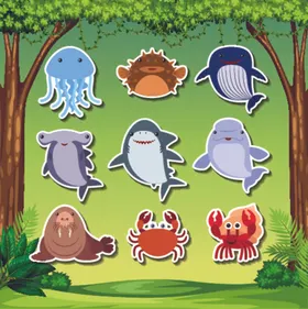卡通海洋生物底背景美人鱼底潜水
