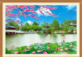 火山装饰画古建筑自然风景画三联画