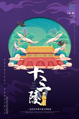 中国旅游城市景点国潮风插画海报