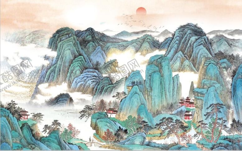 编号：21486909271523195391【酷图网】源文件下载-中式青绿瀑布山水国画电视背景墙