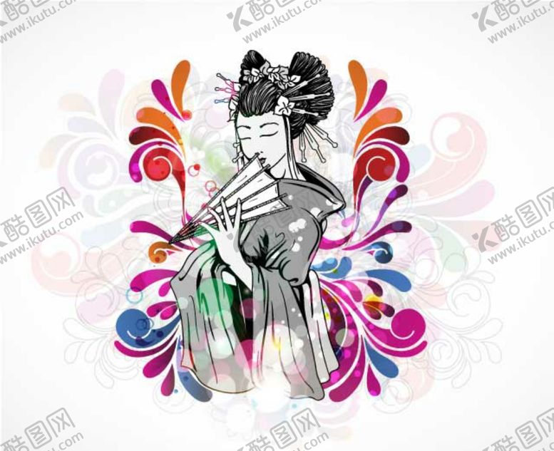 编号：75519710091443247134【酷图网】源文件下载-拿扇子的日本女孩手绘卡通素材