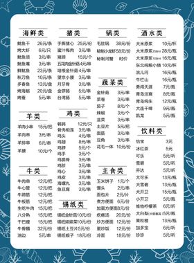 海鲜烧烤菜单