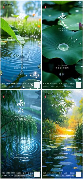 24节气雨水池塘荷叶海报