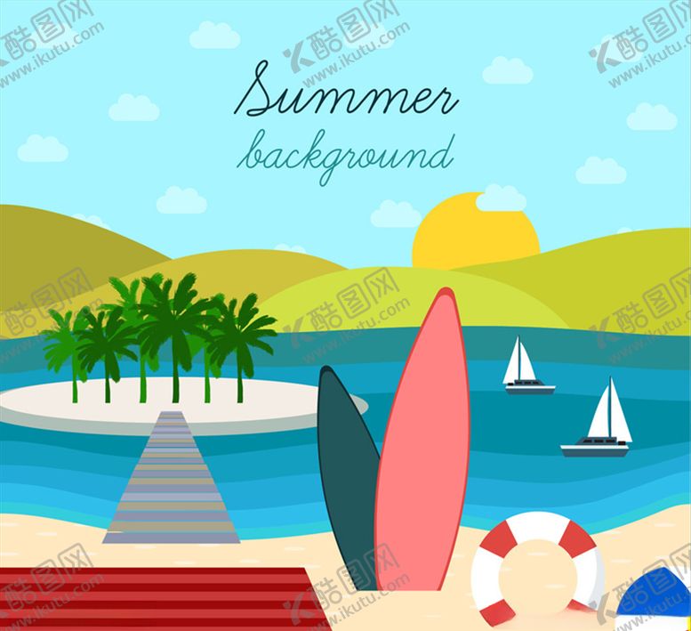 编号：34135310212236312071【酷图网】源文件下载-海边度假冲浪板插画矢量素材
