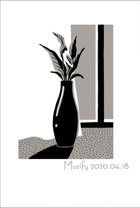 植物花瓶黑白插画