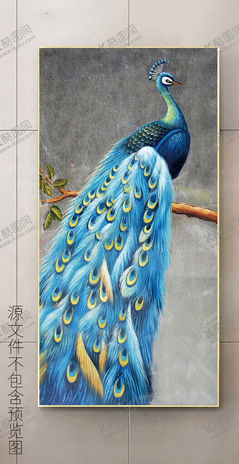 编号：52366802261803054474【酷图网】源文件下载-中式牡丹蓝孔雀艺术玄关装饰画