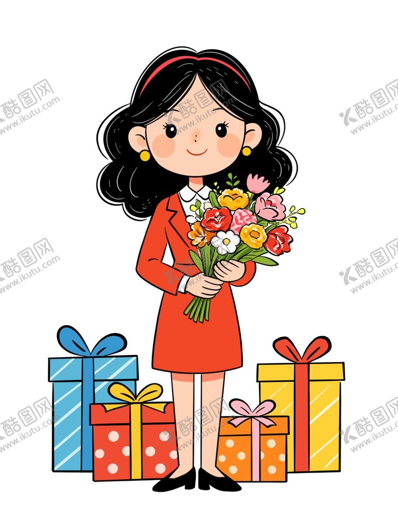 编号：23785804012328504547【酷图网】源文件下载-女孩手持鲜花与礼物