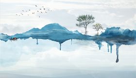水墨山水小船树大雁背墙