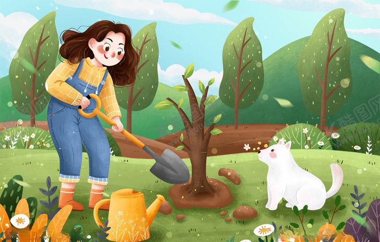 编号：84768509191209512858【酷图网】源文件下载-手绘卡通女孩植树节插画海报