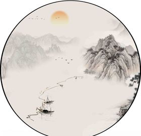 新中式意境山水圆形装饰画