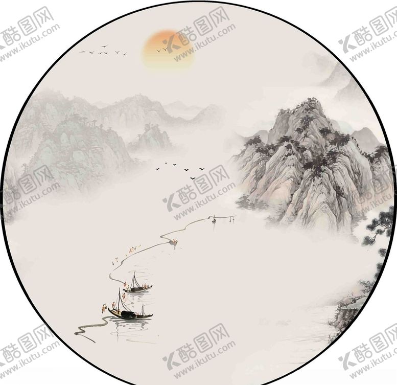 编号：85246205081327586865【酷图网】源文件下载-新中式山水圆形装饰画