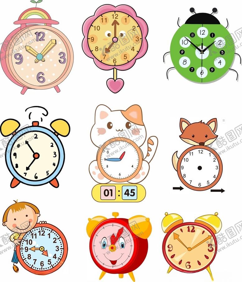 编号：35052310011442548290【酷图网】源文件下载-多样可爱闹钟图案集合