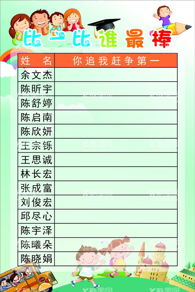 编号：72856010011500263806【酷图网】源文件下载-班级你追我赶谁最棒评比栏