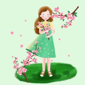 女孩捧着桃花