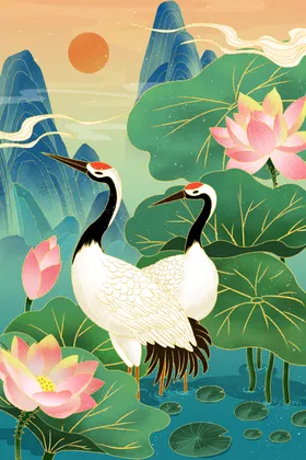 手绘花鸟山水风景画海报素材国潮创意国潮图片国潮来袭国潮计划