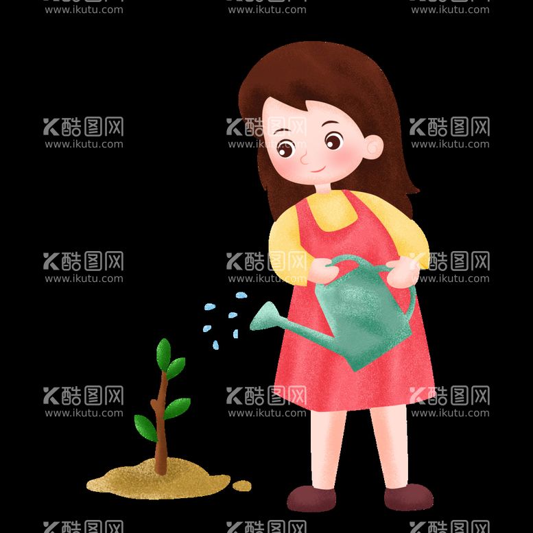 编号：97929511102317359680【酷图网】源文件下载-植树节之手绘卡通女孩给树苗浇水