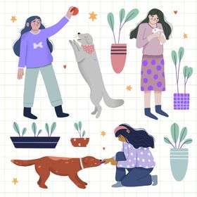 人和宠物卡通形象猫狗鸟鱼玩赏友好谐