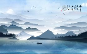 水墨山卧室背景墙背景丹青屏风