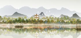 山水古风水彩传统插画背景