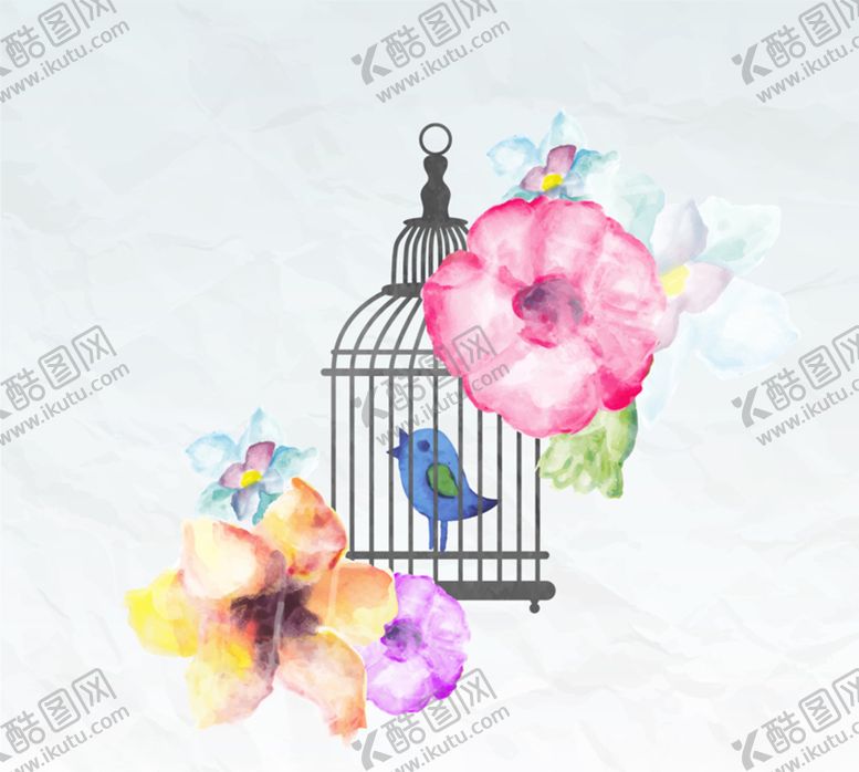 编号：79039805132323165308【酷图网】源文件下载-水彩花卉和鸟笼矢量素材