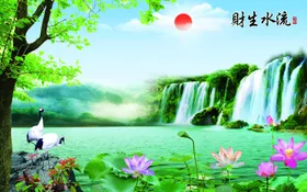 流水生财中式背景墙复古背景墙源滚滚八方聚