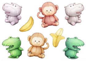 可爱动物玩偶与香蕉组合