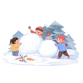 雪地中孩子们快乐堆雪人