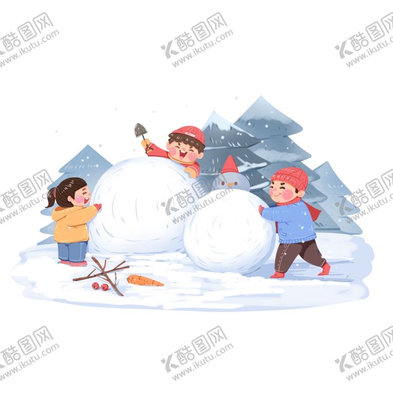 编号：57868304060040474431【酷图网】源文件下载-雪地中孩子们快乐堆雪人