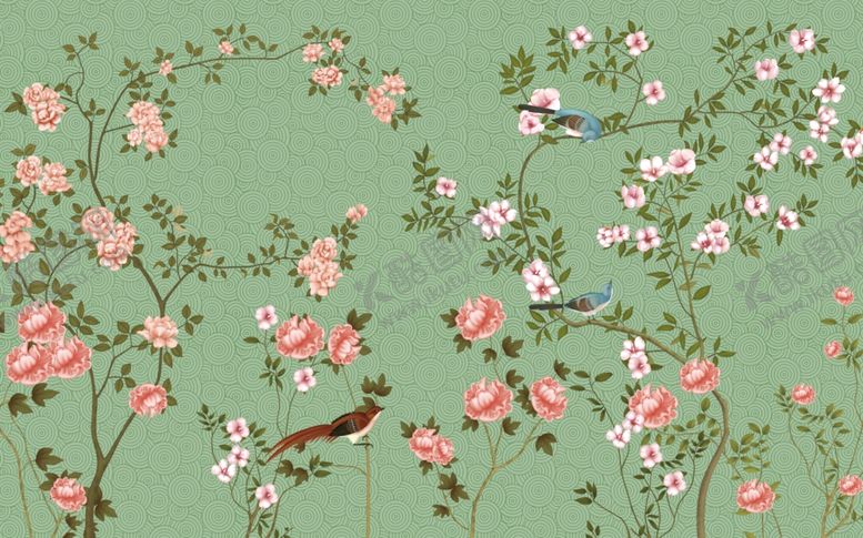 编号：78584310120811348068【酷图网】源文件下载-花鸟画手绘画鸟背景墙