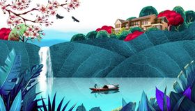 地产山水复古插画背景素材