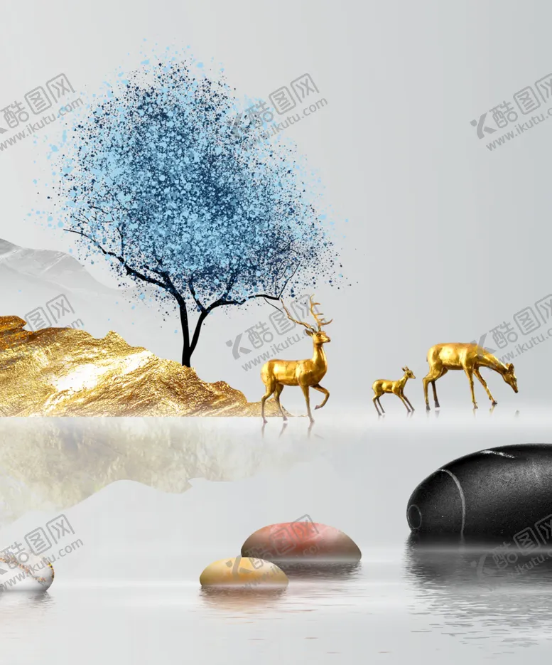 编号：13240709270553293742【酷图网】源文件下载-湖泊麋鹿中式挂画装饰画