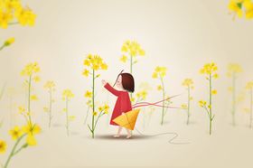 油菜花女孩清新插画背景海报素材