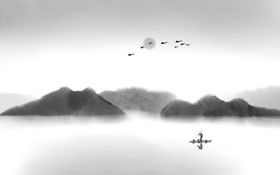 水墨山水间的日出美景山水画