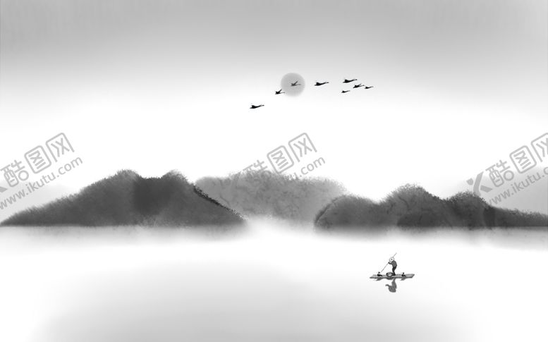 编号：81181607030056364275【酷图网】源文件下载-水墨山水日出渔夫