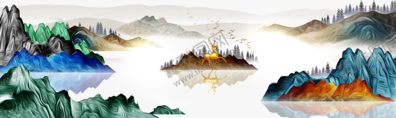 编号：74188210220421364806【酷图网】源文件下载-抽象山水发财鹿装饰画