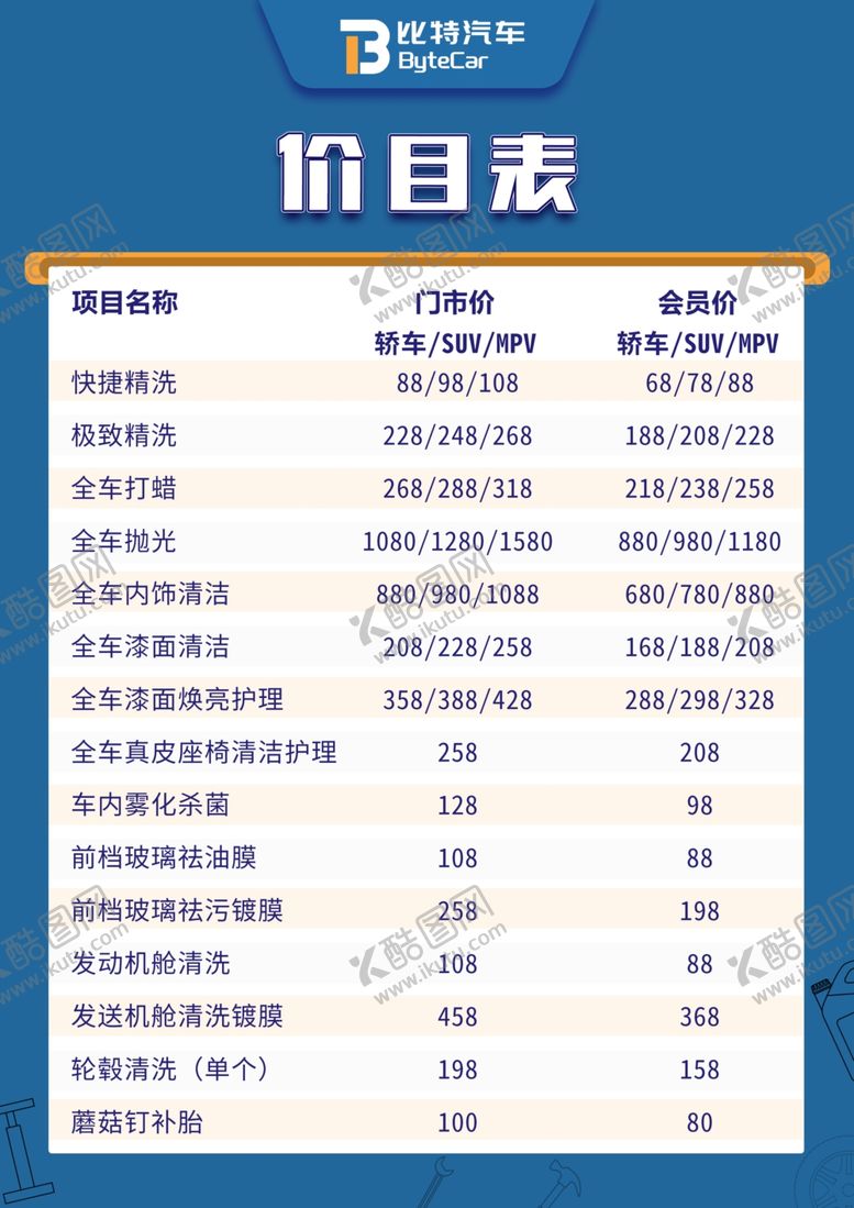 编号：36009302251339056804【酷图网】源文件下载-汽修店汽车保养价目表