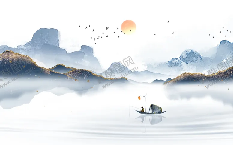 编号：86042412110142397469【酷图网】源文件下载-水墨鎏金中式山水插画
