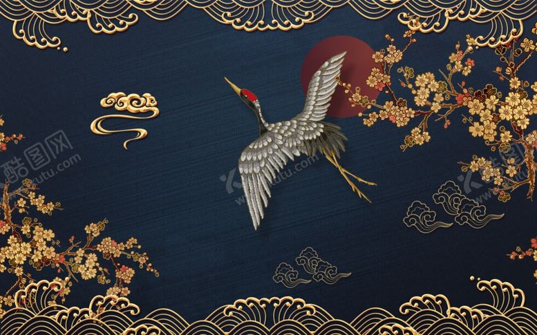 编号：17328504020057227006【酷图网】源文件下载-中式祥瑞仙鹤花卉纹饰图