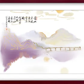 水墨山水背景抽象装饰画古镇