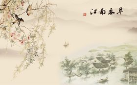 花鸟画飞鸟江南春早背景墙