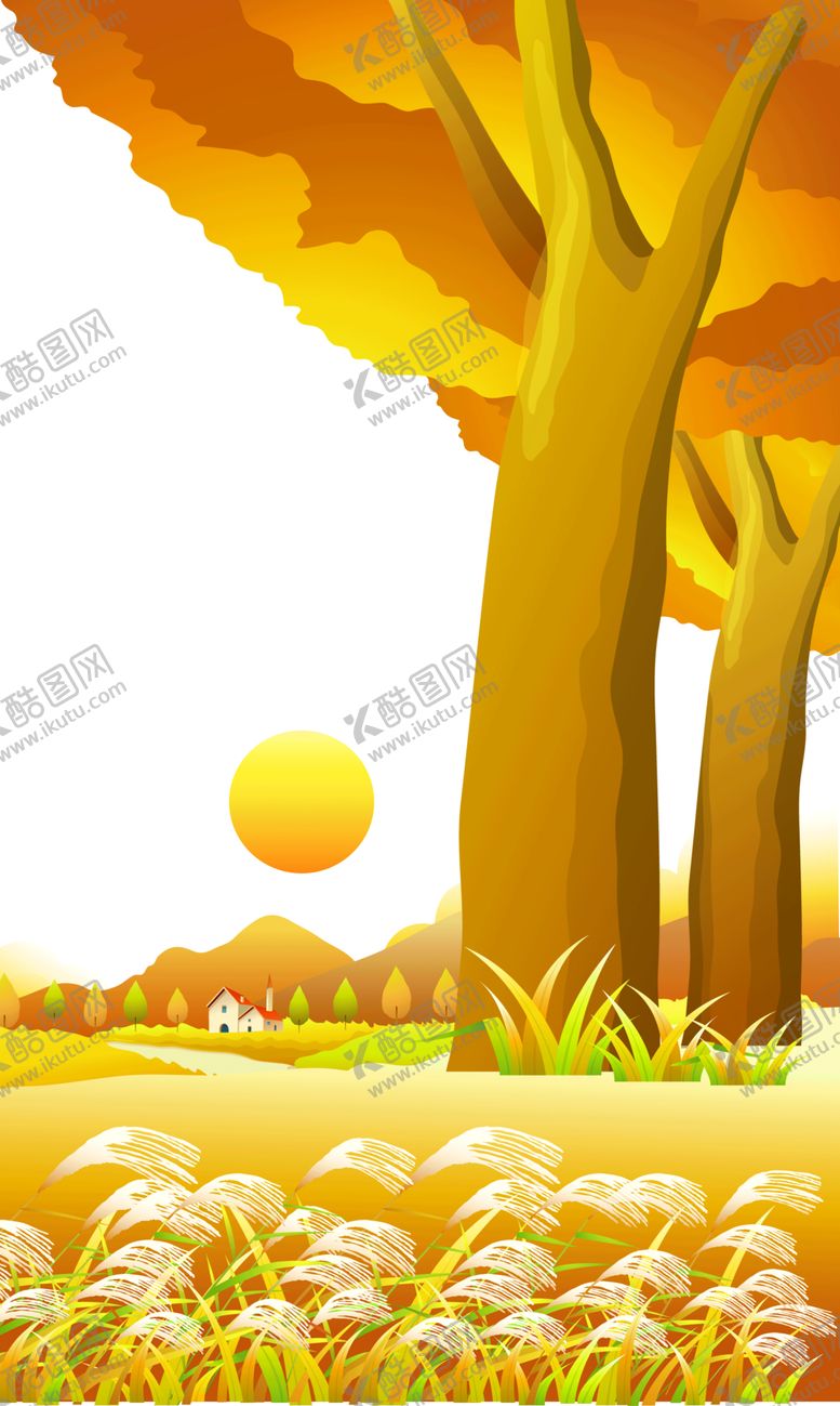 秋天素材树叶风景稻草人卡通